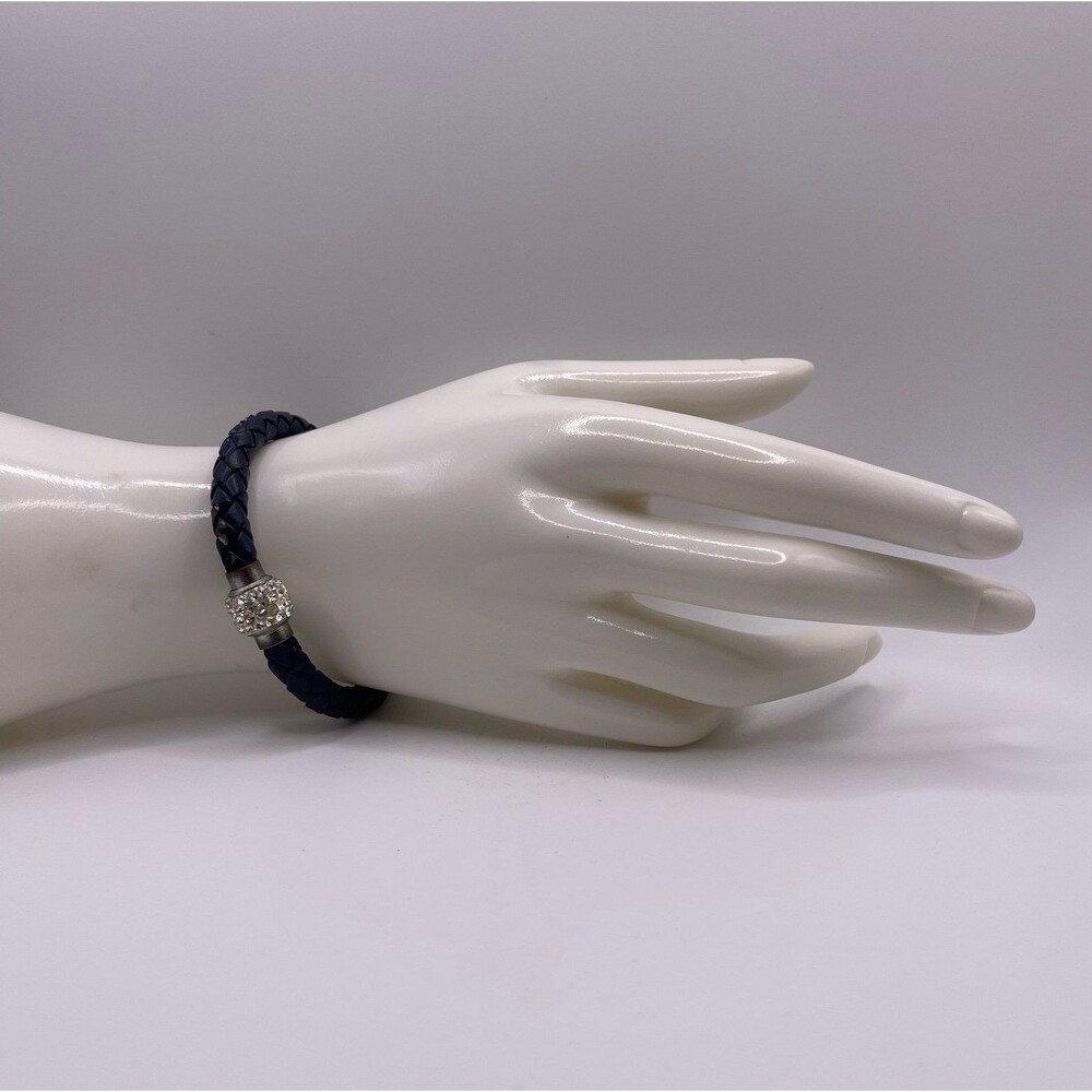 Saks Fifth Avenue Crystal Magnetic Clasp Italian Braided Woven Leather Bracelet